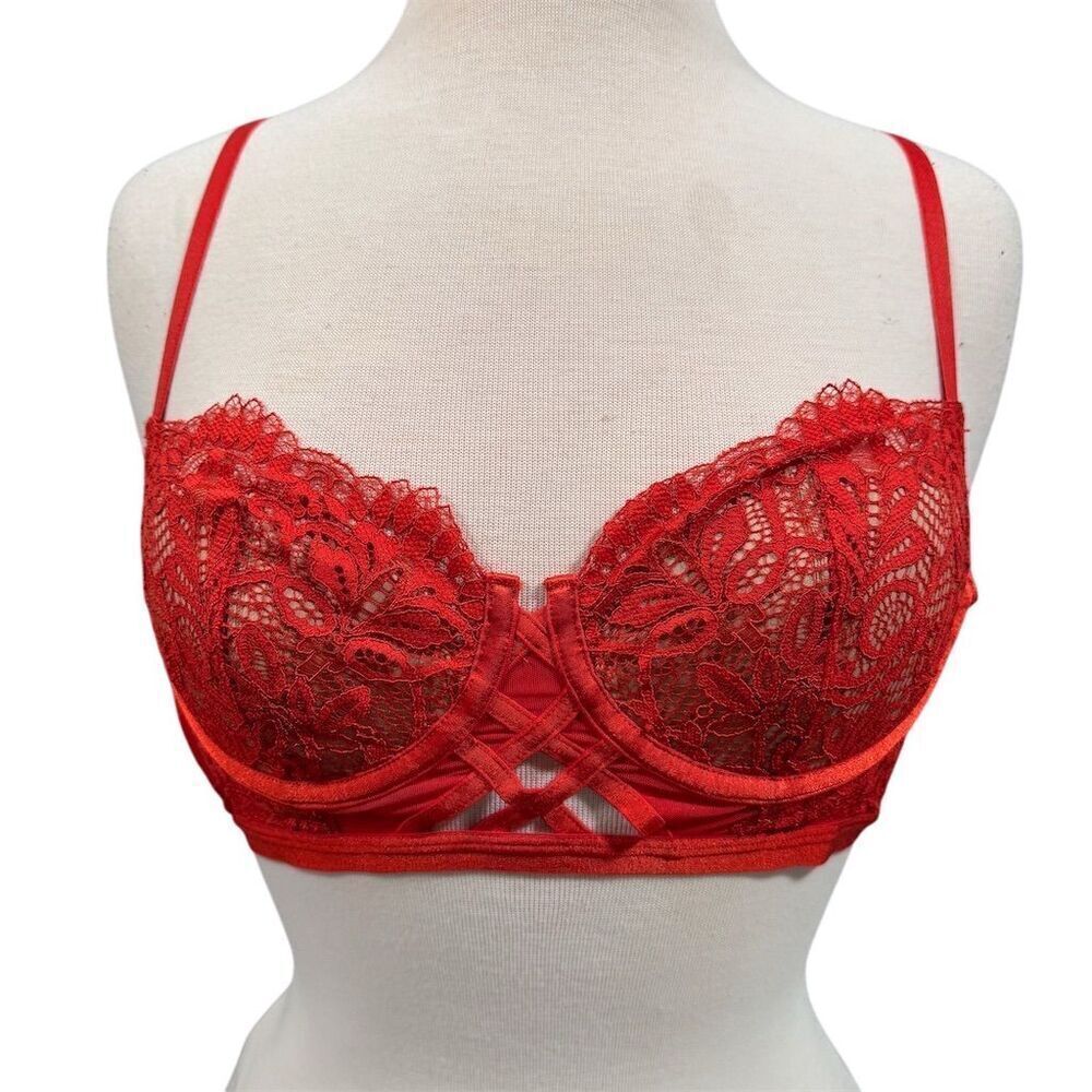Adore Me Diara Balconette Bra 34C Red Lace Underwire Adjustable Straps